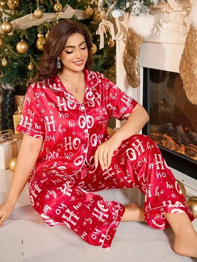 LuxeNights 女士加大码仿丝字母印花短袖上衣和裤子睡衣套装，圣诞节