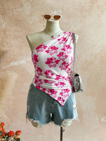 Soleia 大码女式优雅度假褶皱肩针织印花背心