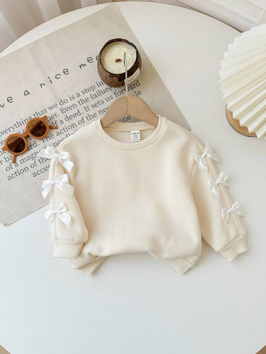 Babygirl Cute Versatile Apricot Bow Long Sleeve Sweatshirt, Autumn/Winter Fall - Apricot - View 1
