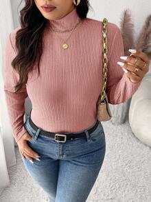 SHEIN Frenchy Áo thun tay dài cổ lọ vải họa tiết cỡ lớn dành cho nữ, đa năng và thanh lịch - Hồng - Xem 5