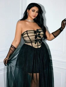 Viva Relle Plus Size Women's Tight Bodycon Dress, Sexy Contrast Color Bowknot Sheer Fitted Black Solid Color Dress, Suitable For Party/Wedding/Nightclub