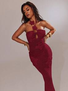 SHEIN BAE Váy len hoa hở lưng gợi cảm dành cho nữ, phù hợp cho kỳ nghỉ mùa thu/đông - Màu Đỏ Sâu - Xem 8