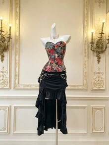 SHEIN MOD Women's Black Floral,Summer,Vintage,Date Night Corset,Goth Cami,Night Out,,Christmas,Halloween,Birthday,Concert,Embroidered Flower Crop Top - Black - View 4