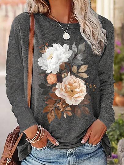 EMERY ROSE Floral Pattern Casual Loose Women's Round Neck Long Sleeve T-Shirt