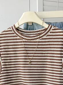 SHEIN Teen Girls Striped Round Neck Short Sleeve Casual T-Shirt, Minimalist Leisure Wear Striped Summer Tops Ribbed Tops Summer Tops For Teen Girls Teen Girl Summer Clothes Short Sleeve Tops