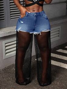 Slaydiva Plus Size Fashionable Sexy Black Mesh Patchwork Wide Leg Jeans - Medium Wash - View 5