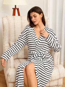 SHEIN Black & White Striped Casual Hooded Long Sleeve Tie-Waist Women Belted Robe, Fall, Cozy Outfit