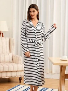 SHEIN Black & White Striped Casual Hooded Long Sleeve Tie-Waist Women Belted Robe, Fall, Cozy Outfit