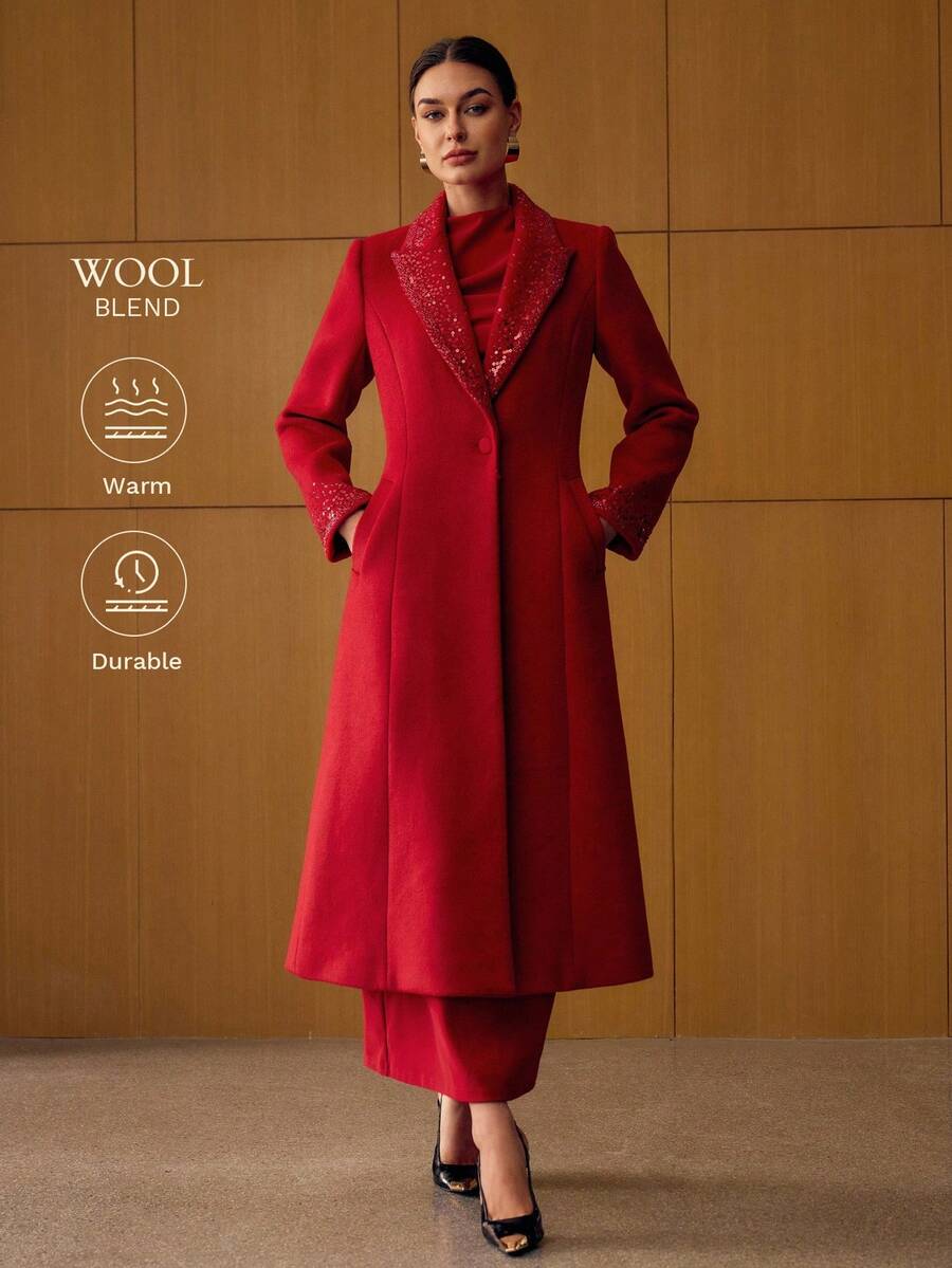 MOTF PREMIUM WOOL SEQUIN BEADED EMBROIDERY PANEL PEAK COLLAR SLANT POCKET OVERCOAT