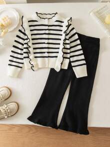 SHEIN Playful Pals Pearl Button Ruffle Trim Long Sleeve Cardigan & Striped Casual Elegant Versatile Pants Set Fall Winter