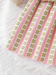Conjunto de suéter con cuello en V y estampado floral en todo el Body con botones delanteros y falda para niña preadolescente, conjunto de dos piezas estilo preppy para la vuelta al colegio, traje de otoño - Verde - Ver 4