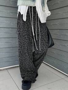 FRIFUL 女式宽松豹纹荷叶边下摆长裤，秋季 - 灰色 - 查看 6
