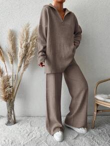 EURMUSE Drop Shoulder Sweater With Half Zipper And Knitted Pants Two Piece Set - Mocha Brown - View 3