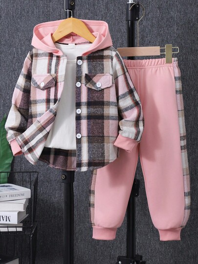 Sparklyn 2pcs Girls Plaid Hooded Shirt Jacket And Plaid Patchwork Drawstring Pants Set, Casual And Chic For Early Autumn Daily Wear Fall Winter