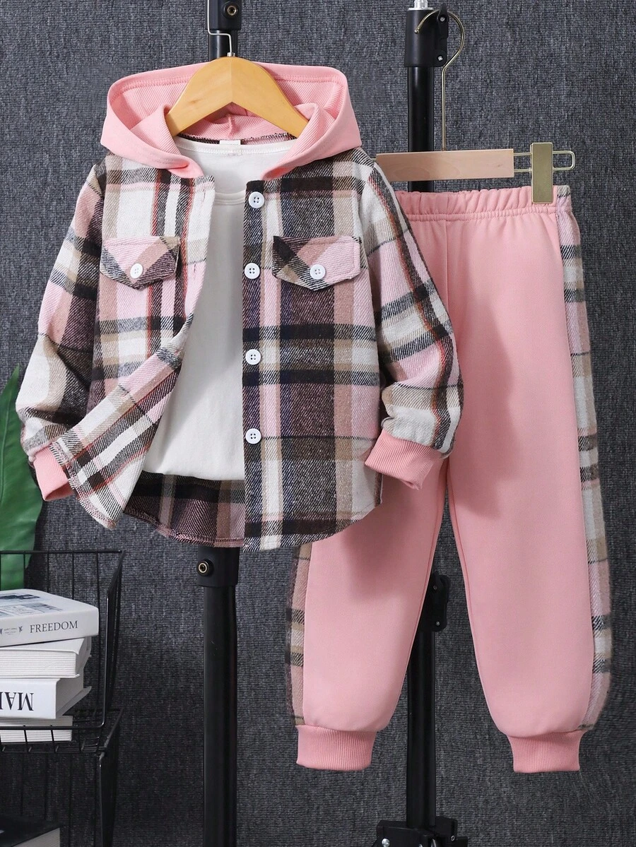 Sparklyn Bộ 2 áo sơ mi kẻ caro có mũ trùm đầu và quần kẻ caro có dây rút, giản dị và sang trọng cho bé gái mặc hàng ngày vào đầu thu - Hồng - Xem 1