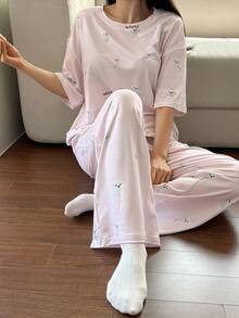 DAZY 可爱狗狗图案全身印花宽松 T 恤和直筒睡裤 2 件套女士睡衣套装 - 白色 - 查看 7