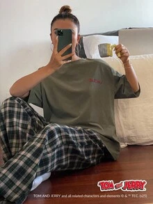 TOM AND JERRY X DAZY Casual Letter Decor Graphic Print Top And Plaid Loose Fit Sleepwear Pants Set Pajama - Green - View 5