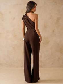 SHEIN BAE جمبسوت نسائية ذات ساق واسعة وياقة غير متماثلة، أنيقة للخروج اليومي والمواعيد والحفلات والتجمعات - قهوة بني - مشاهدة 2