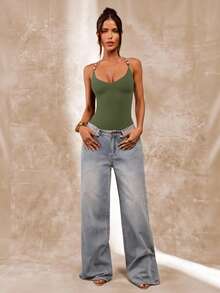 SHEIN BAE Brown Beaded Spaghetti Strap Bodysuit For Women, Summer Tight Sexy Retro Camisole Bodysuit, Beach Vacation Camisole, Beaded Camisole