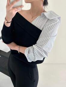 DAZY 女式撞色拼布不对称设计套头衫，春秋 - 黑色 - 查看 7