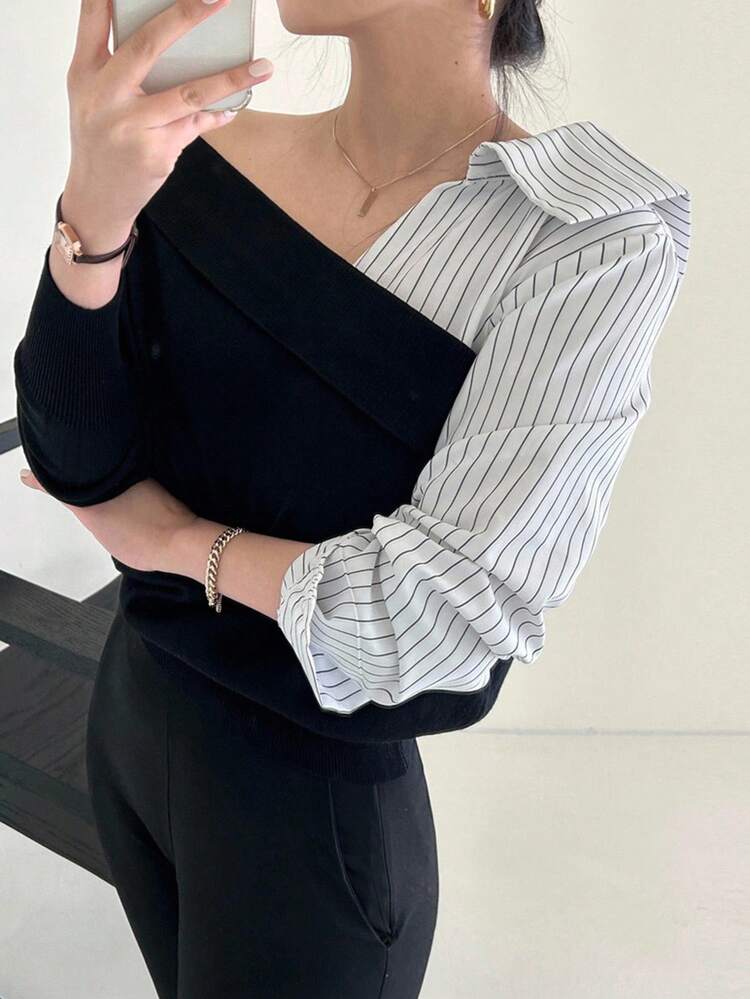 Women's Contrast Color Patchwork Asymmetrical Design Pullover Sweater, Spring/Autumn