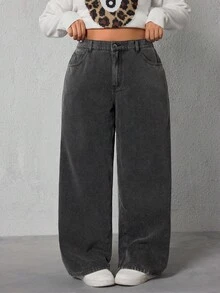 SHEIN ICON 大码女式高腰口袋阔腿宽松休闲牛仔裤 - 灰色 - 查看 4