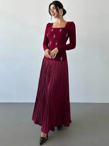 Firerie Women's Elegant Burgundy Autumn Square Neck Pearl Long Sleeve Pleated Hem A-Line Maxi Dress,Refined Dining Party Christmas New Year Clothes - Red Violet - View 4