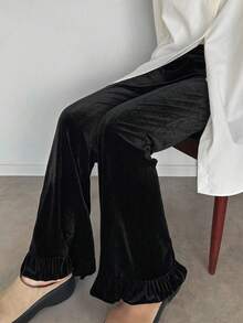 FRIFUL Women's Black Solid Color Elastic Waist Velvet Flare Leg Pants With Frill Trim Decoration, Autumn Ladies - Black - View 3