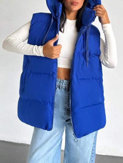 EURMUSE Women Solid Color Pocket And Zipper Detailed Winter Vests