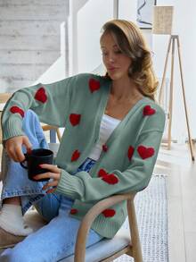 EURMUSE Knitwear Cardigan With Heart Placement Date Sage Green Autumn Cute Romantic - Mint Green - View 3