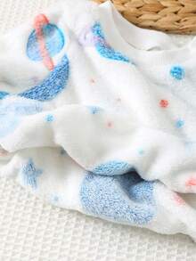 Cozy Pixies 2 piezas/Set Sudadera de felpa gruesa con estampado de planetas y pantalones de cintura elástica para niño pequeño, 2 piezas/Set Pijama de suéter de cuello redondo de punto suave forrado de felpa y pantalones, estilo básico clásico y cómodo adecuado para el hogar, uso diario, festivales, Halloween, Navidad, adecuado para invierno, otoño, Navidad