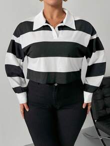 SHEIN PETITE CURVE 大码半扣拼色落肩春季短款 T 恤 - 黑與白 - 查看 3