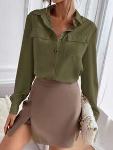 EMERY ROSE Plain Front Button Pocket Casual Long Sleeve Shirt - Army Green - View 4