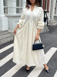 DAZY Women's V-Neck Cinched Waist Long Sleeve Loose Flared Dress Maxi Dress - White - View 1