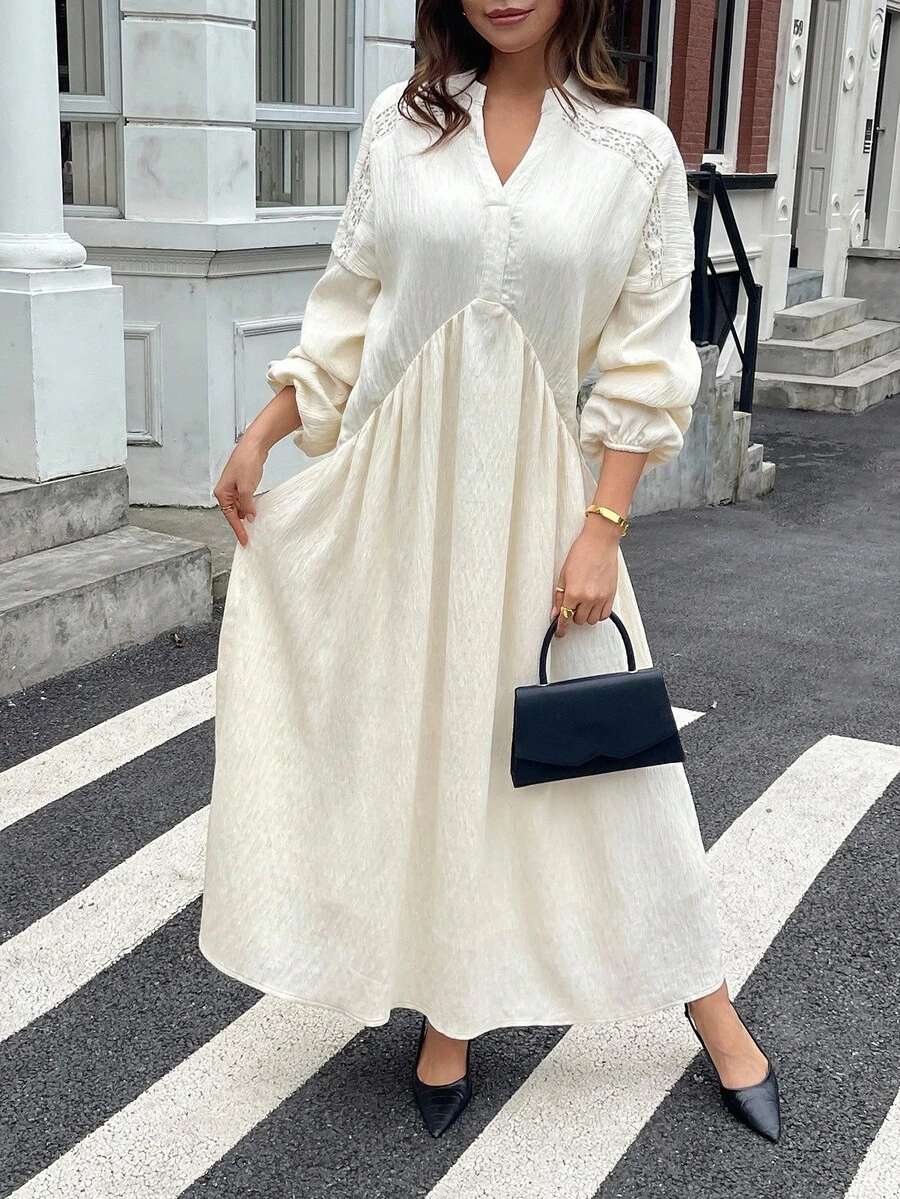 DAZY Women's V-Neck Cinched Waist Long Sleeve Loose Flared Dress Maxi Dress - White - View 1