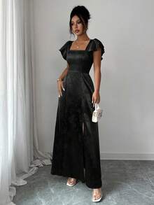 Elenzga 女式方领荷叶边袖系带连衣裙，下摆开衩，绿色提花面料，百搭，适合伴娘、舞会、毕业典礼、通勤，舒适时尚，极具吸引力 - 黑色 - 查看 3