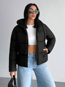 HOOD DRAWSTRING METALLICAL ZIP BODY POCKET PUFFER WINTERCOAT - Black - View 7