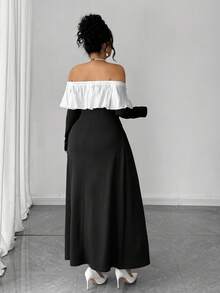 Elenzga Plus Size Women Elegant Fitted Off Shoulder Long Sleeve Patchwork White Bow Collar Dress, Autumn/Winter - Black - View 2
