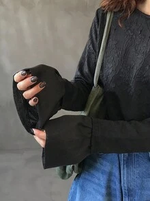 FRIFUL 女士圆领蕾丝拼接宽松喇叭袖透明纯色 T 恤上衣，适合外出，秋季 - 黑色 - 查看 7