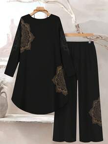 Lacomfia Conjunto de 2 piezas de top de cuello redondo y pantalones de ajuste holgado con estampado digital de acuarela floral para mujer - Multicolor - Ver 2