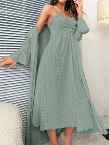 Solid Cami Nightdress & Ruched Frill Trim Robe Pajama Set - Mint Green - View 1