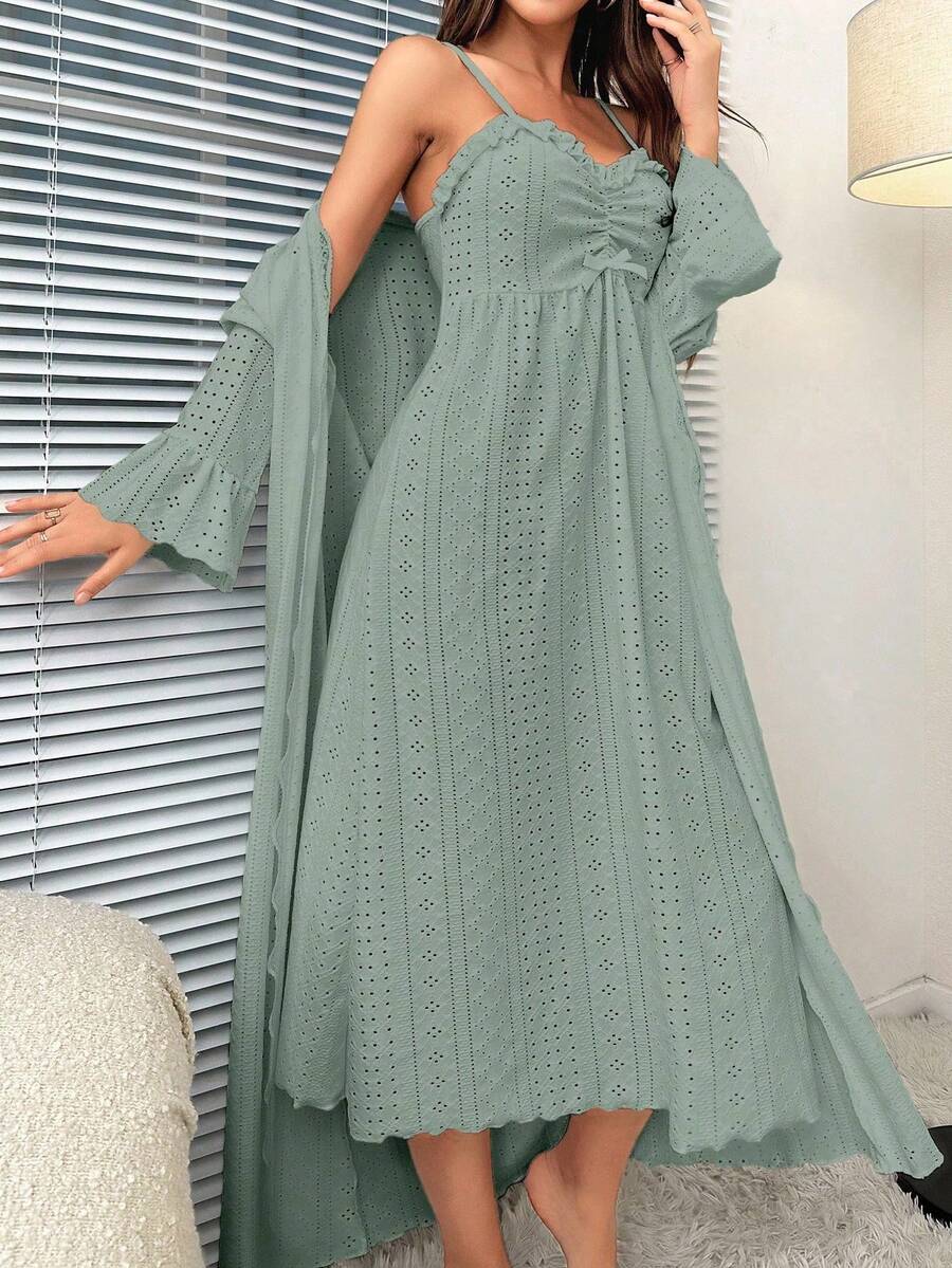 Solid Cami Nightdress & Ruched Frill Trim Robe Pajama Set - Mint Green - View 1
