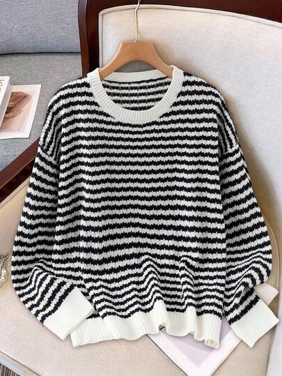 SHEIN LUNE 秋季大码休闲条纹圆领毛衣