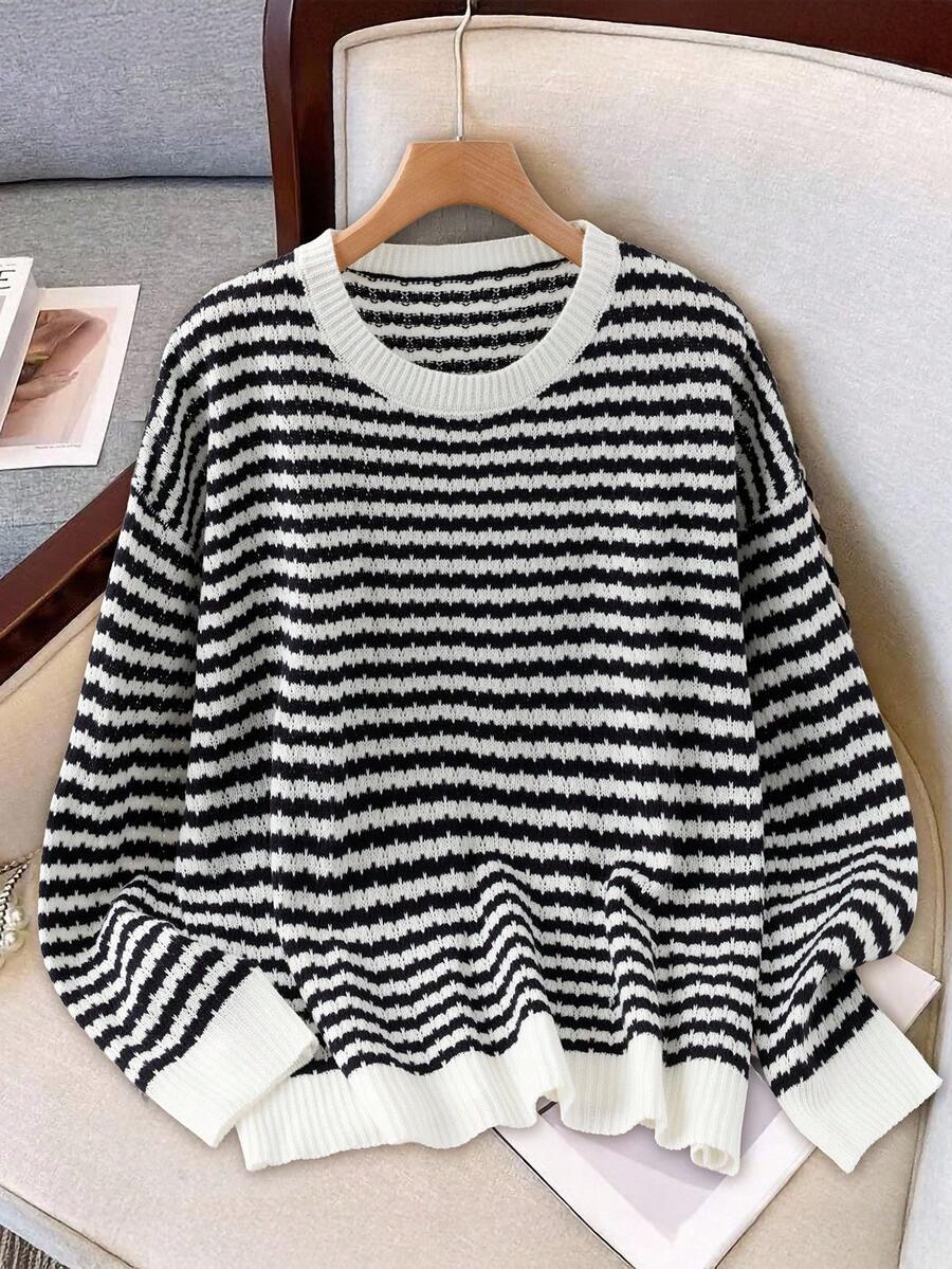 SHEIN LUNE 秋季大码休闲条纹圆领毛衣 - 彩色 - 查看 1