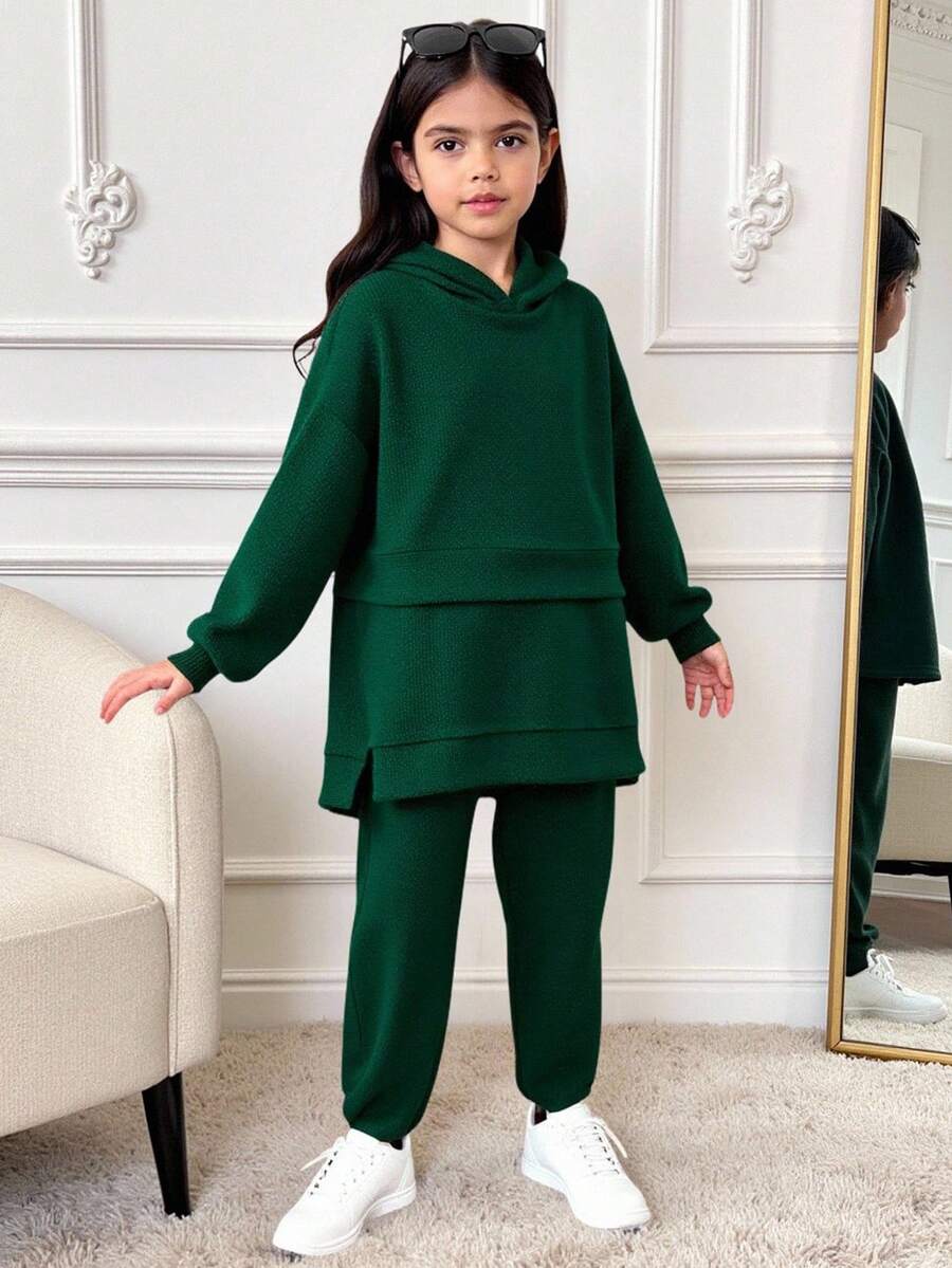 SHEIN 年轻女孩宽松休闲舒适连帽套头衫和裤子套装 - 綠色 - 查看 1