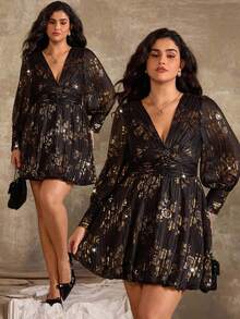 Roveilla Robe de soirée à manches longues, col en V, froncée avec décoration de boutons, grande taille, automne/hiver - Noir - Voir 1
