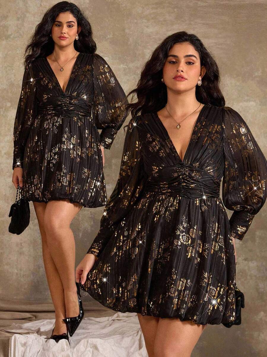 Roveilla Robe de soirée à manches longues, col en V, froncée avec décoration de boutons, grande taille, automne/hiver - Noir - Voir 1