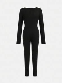 SHEIN 青少年女孩休闲日常简约针织羊毛高领长袖修身纯黑色连体裤，秋冬 - 黑色 - 查看 6