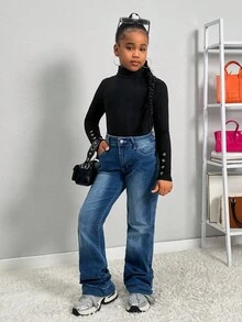 SHEIN SLAYR Tween Girl Tween Girls Brand Promotion - High Neck Ribbed Long Sleeve Knit Top With Buttons 3 Pice Fall Winter - Light Grey - View 3