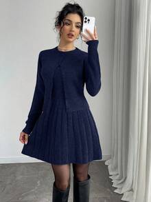 Elenzga 2pcs Set Elegant Solid Color Cardigan Knit Dress For Commuting - Blue - View 6